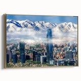 Framed canvas of Santiago, Chile landscape in muted gold and black tones, suitable as wall art for bedroom.