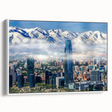 Vintage poster art of Santiago, Chile in colorful hues on a large framed canvas, suitable for living room decor.