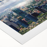 Art deco poster of Santiago, Chile skyline in muted gold and blue tones on rolled canvas, suitable for dining room wall art.