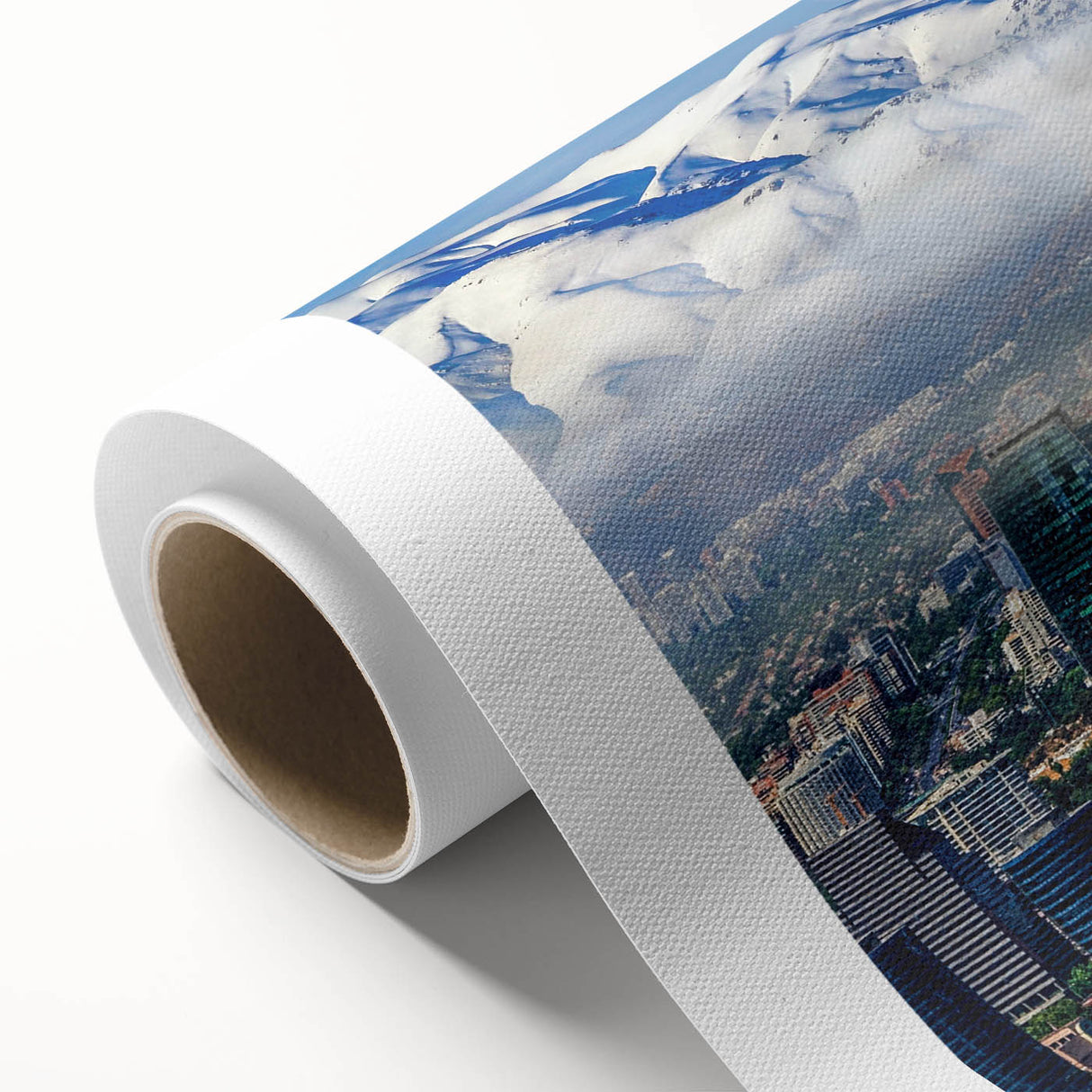 Art deco poster of Santiago, Chile skyline in muted earth tones on rolled canvas, ideal for nursery wall art.