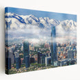 Large canvas print of Santiago skyline in muted earth tones, ideal for kitchen wall art.