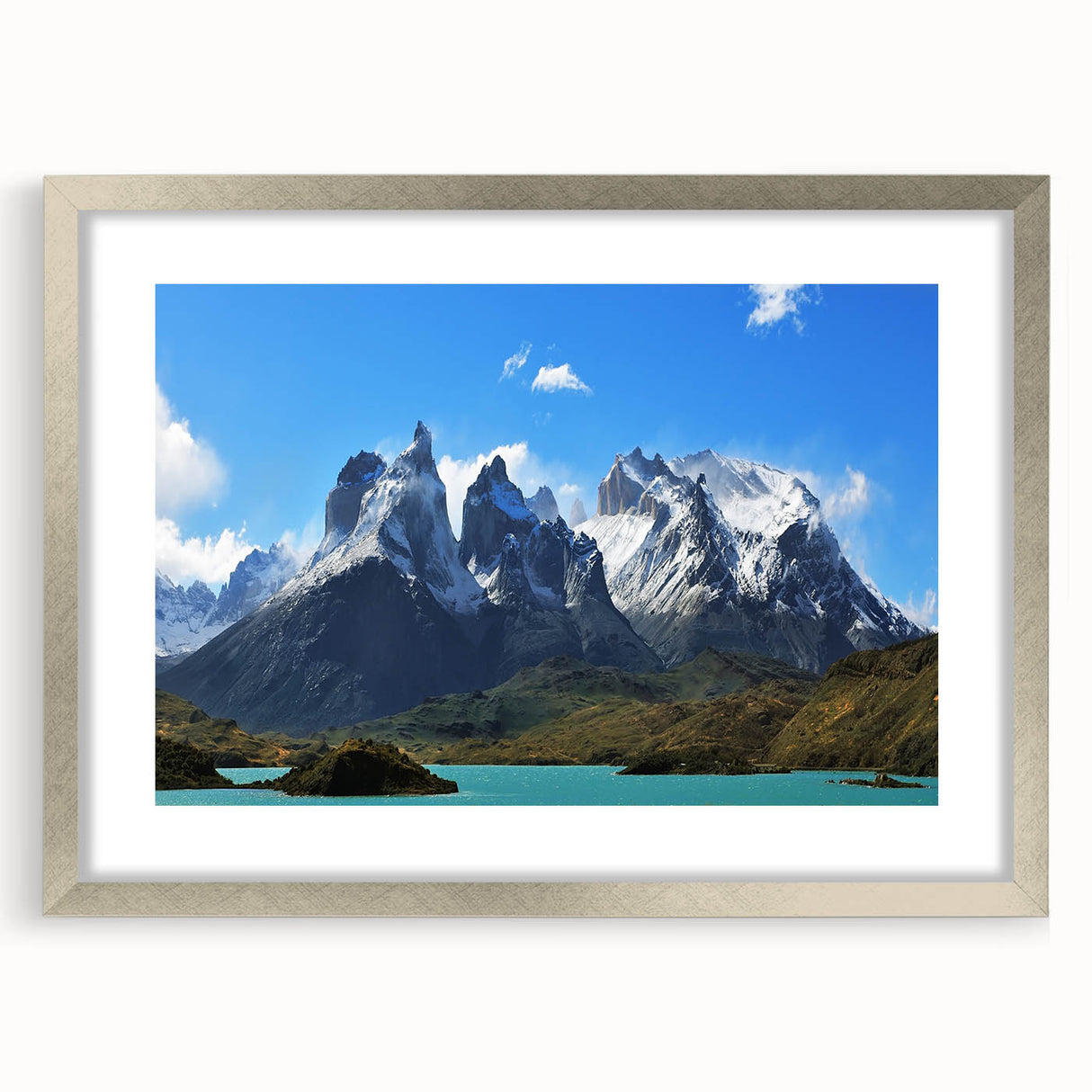 Textured abstract art print of a Chilean landscape in muted earth tones on a framed canvas, suitable for bedroom decor.