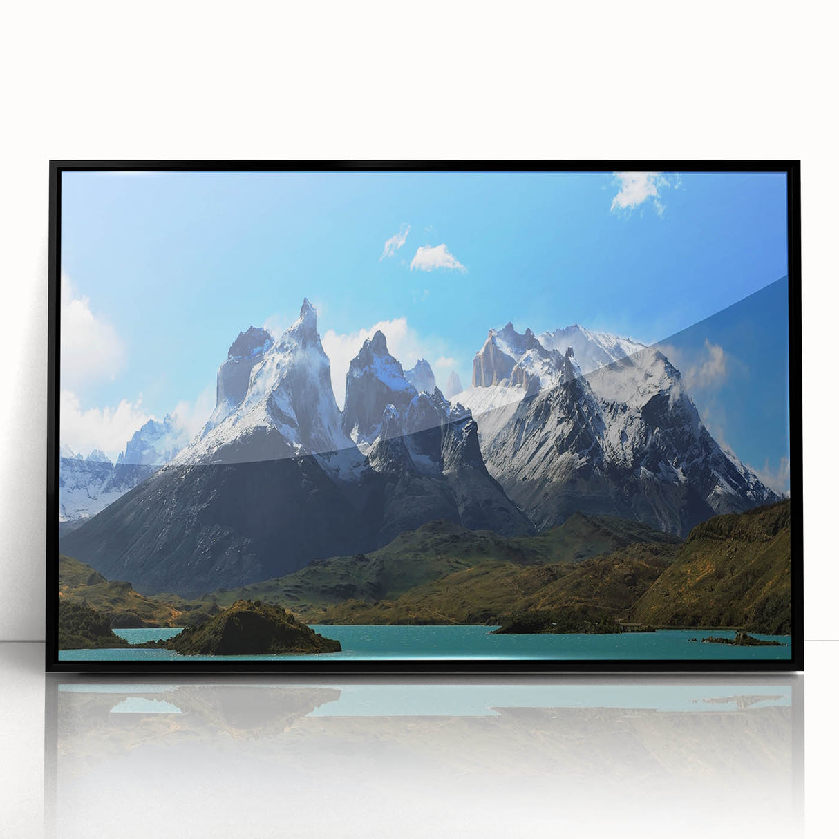 Large abstract wall art depicting a Chilean landscape in muted earth tones, framed in black acrylic.