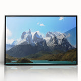 Large abstract wall art depicting a Chilean landscape in muted earth tones, framed in black acrylic.