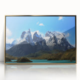 Acrylic print of a South American Chilean landscape in pastel colors, framed in gold, ideal for modern art wall decor.