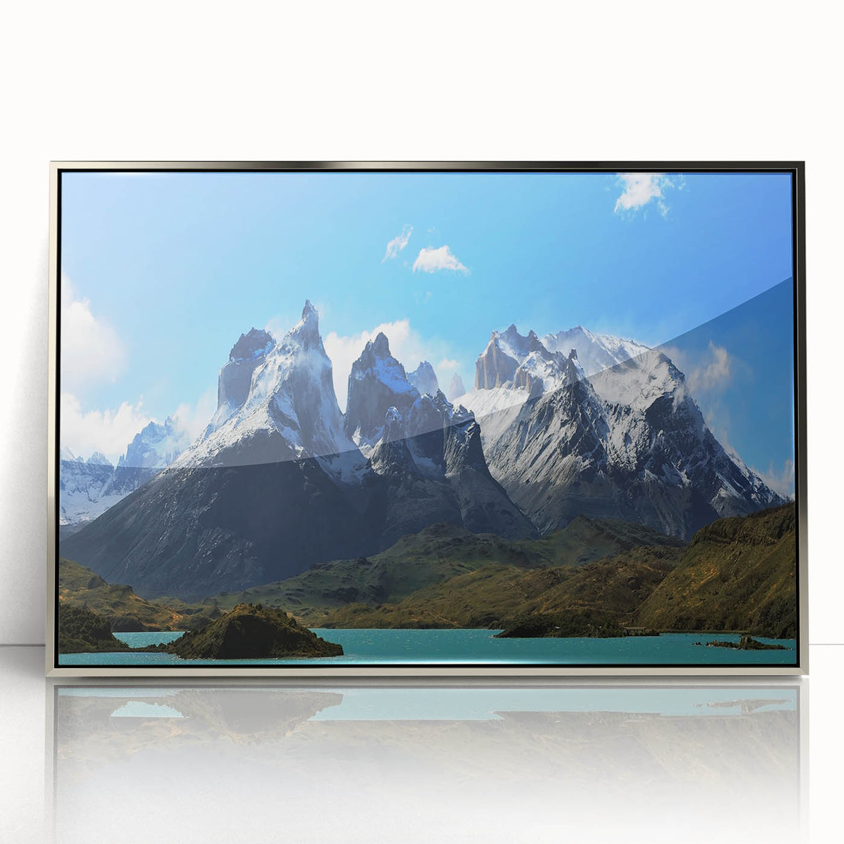 Mid-century modernist art depicting Chilean landscape in muted earth tones on a framed acrylic print.