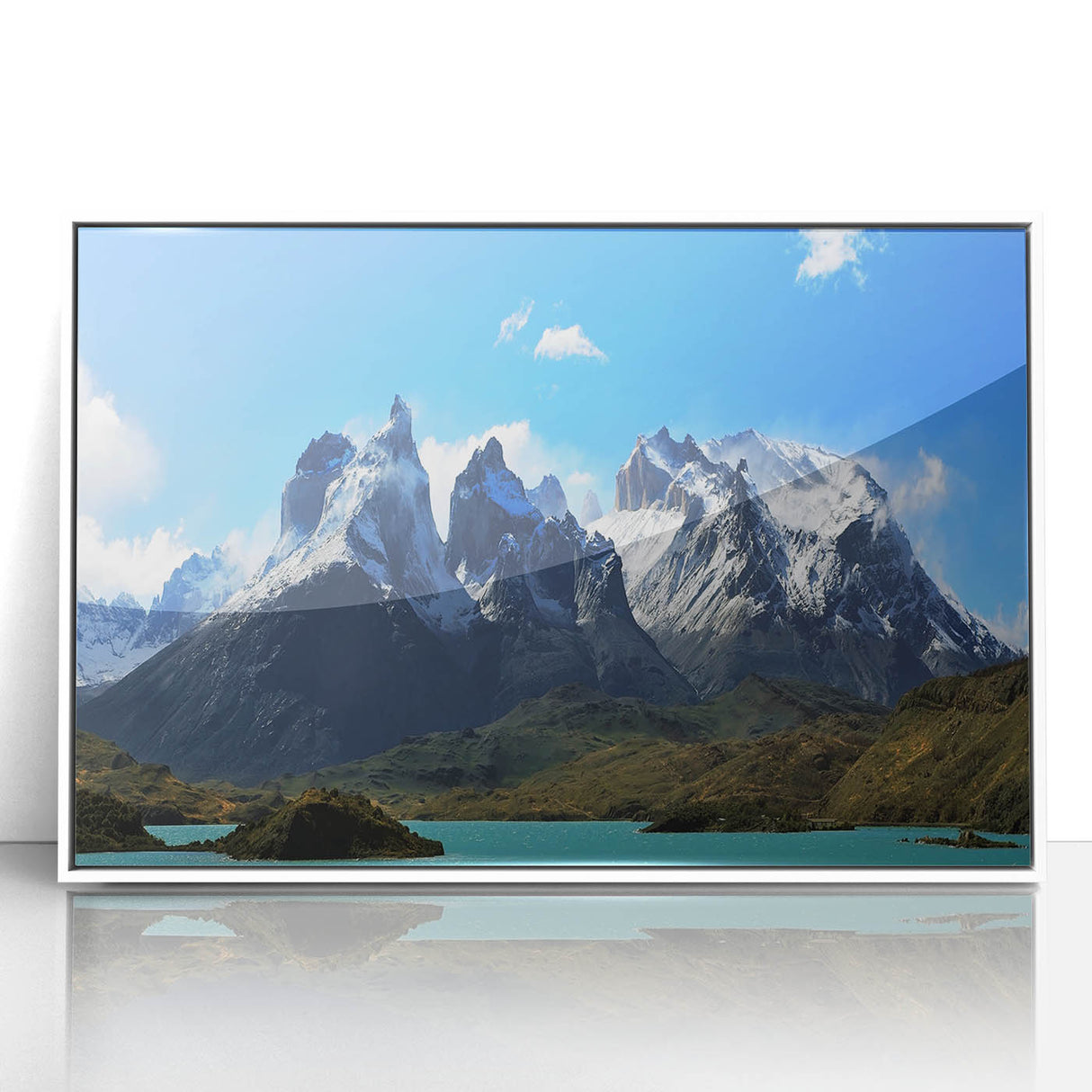 Acrylic print of a Chilean landscape in pastel shades, framed in white, suitable for modern art wall decor.