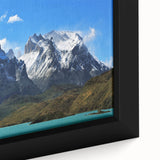 Extra large framed canvas featuring a textured depiction of a Chilean landscape in black with colorful accents.