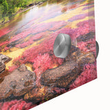 Large abstract wall art depicting a Colombian landscape in mid-century modernist style, with vibrant earth tones.