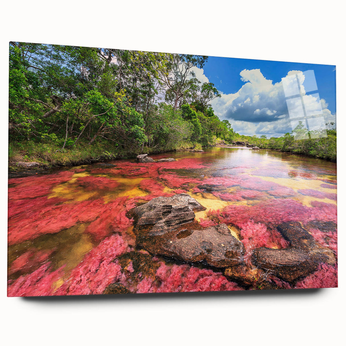 Large abstract wall art depicting a vibrant Colombian landscape on acrylic glass, ideal for bedroom or dining room decor.
