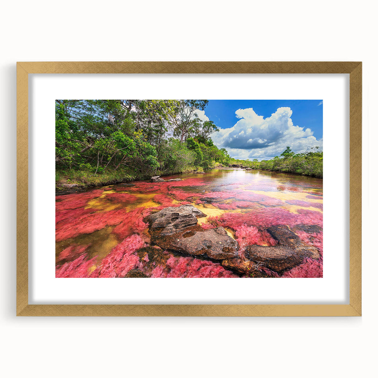 Extra large abstract art print of a textured Colombian landscape in muted earth tones, framed in gold.