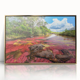 Large art print of a Colombian landscape in mid-century modernist style, framed in gold acrylic.