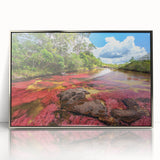 Mid-century modernist art depicting a serene Colombian landscape in soft earth tones on a silver-framed acrylic print.