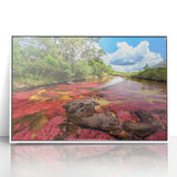 Acrylic print of a Colombian landscape, featuring muted green and blue tones, framed in white.