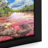 Framed canvas of a textured, colorful Colombian landscape in black, ideal for living room decor.