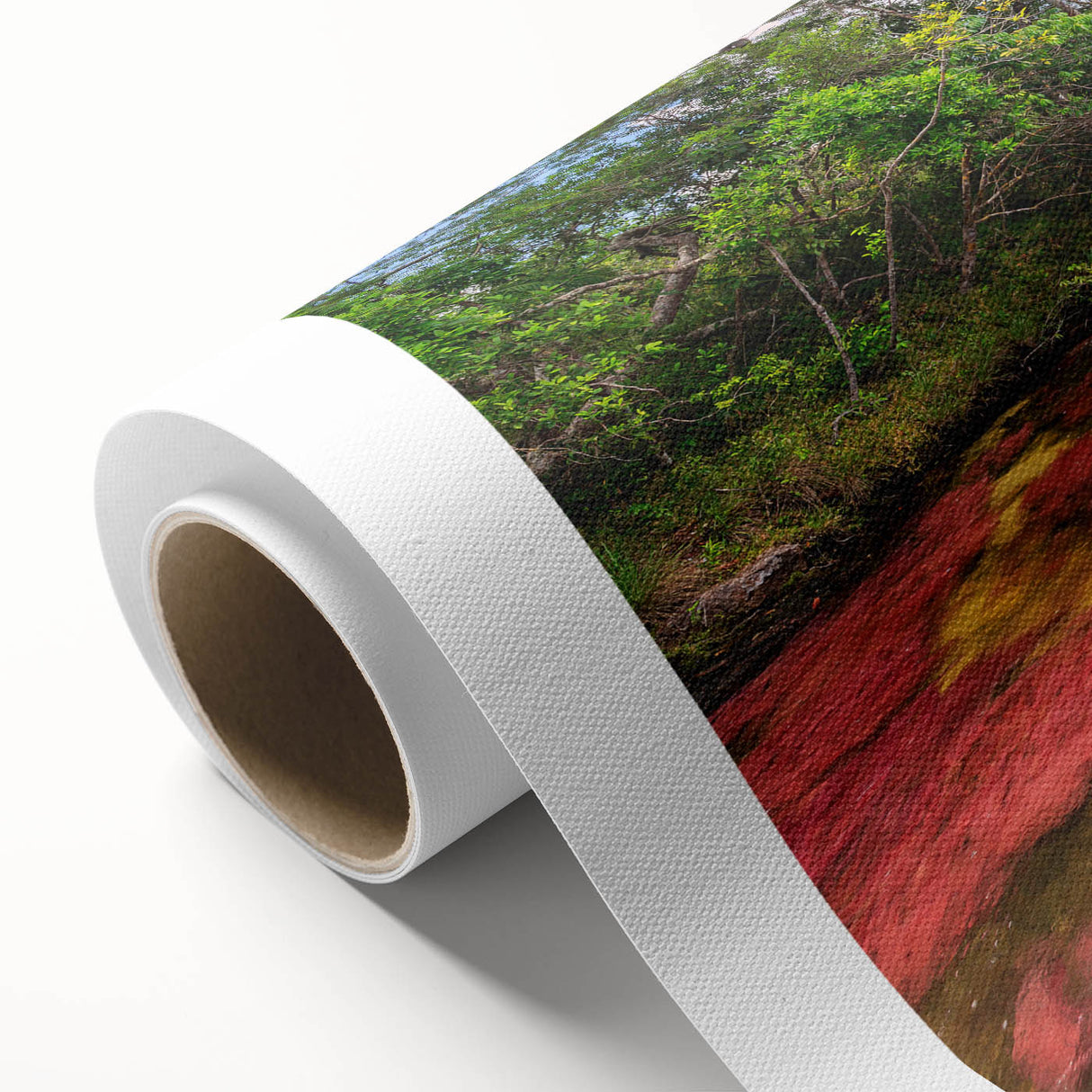 Art deco poster of Colombian scenery on rolled canvas, featuring muted earth tones, ideal for nursery wall art.