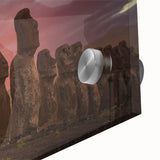 Mid-century modernist style depiction of Easter Island statues on large acrylic glass, with muted earth tones.