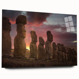 Acrylic print of Easter Island statues in muted earth tones, suitable for bedroom or dining room decor.