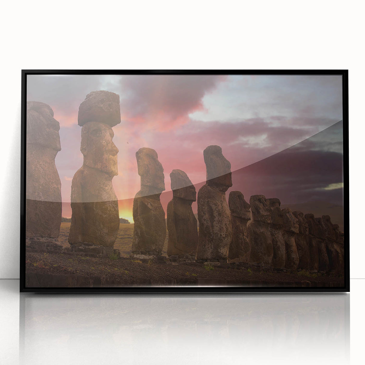 Large abstract wall art depicting Easter Island statues in muted earth tones on framed acrylic.