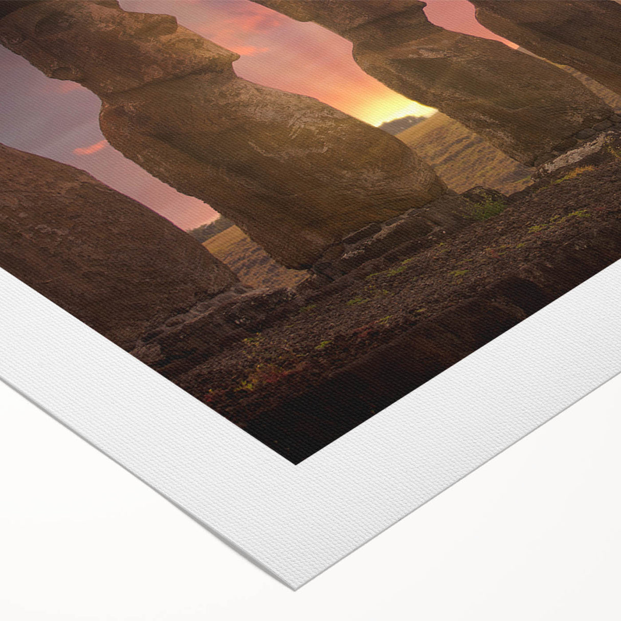 Art deco poster of Easter Island scenery on rolled canvas, featuring muted earth tones, suitable for dining room wall art.