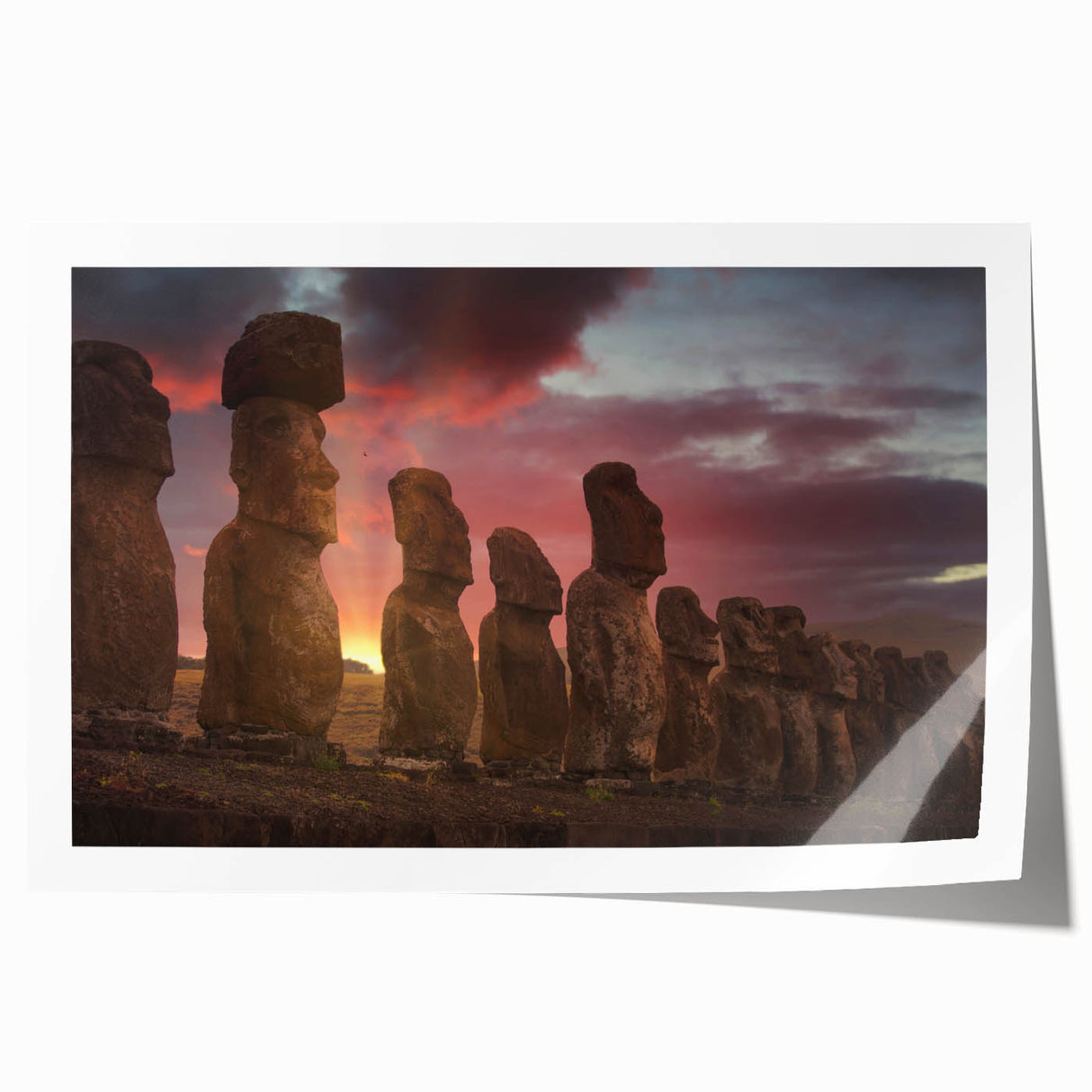 Rolled print of Easter Island scenery in muted earth tones, ideal for art wall dining room decor.