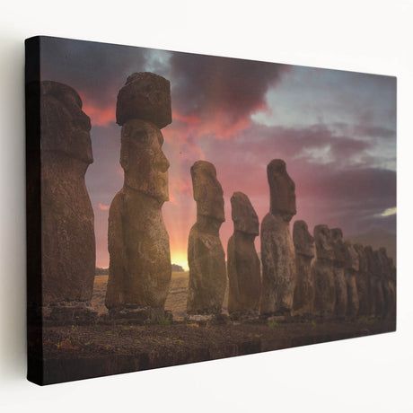 Easter Island statues print on stretched canvas, featuring muted earth tones, ideal for kitchen wall art.