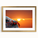 Extra large abstract art print depicting textured scenery of Galápagos, in muted earth tones, framed in gold.