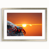 Textured abstract art print of Galapagos scenery in muted earth tones, framed in silver, ideal for bedroom art.