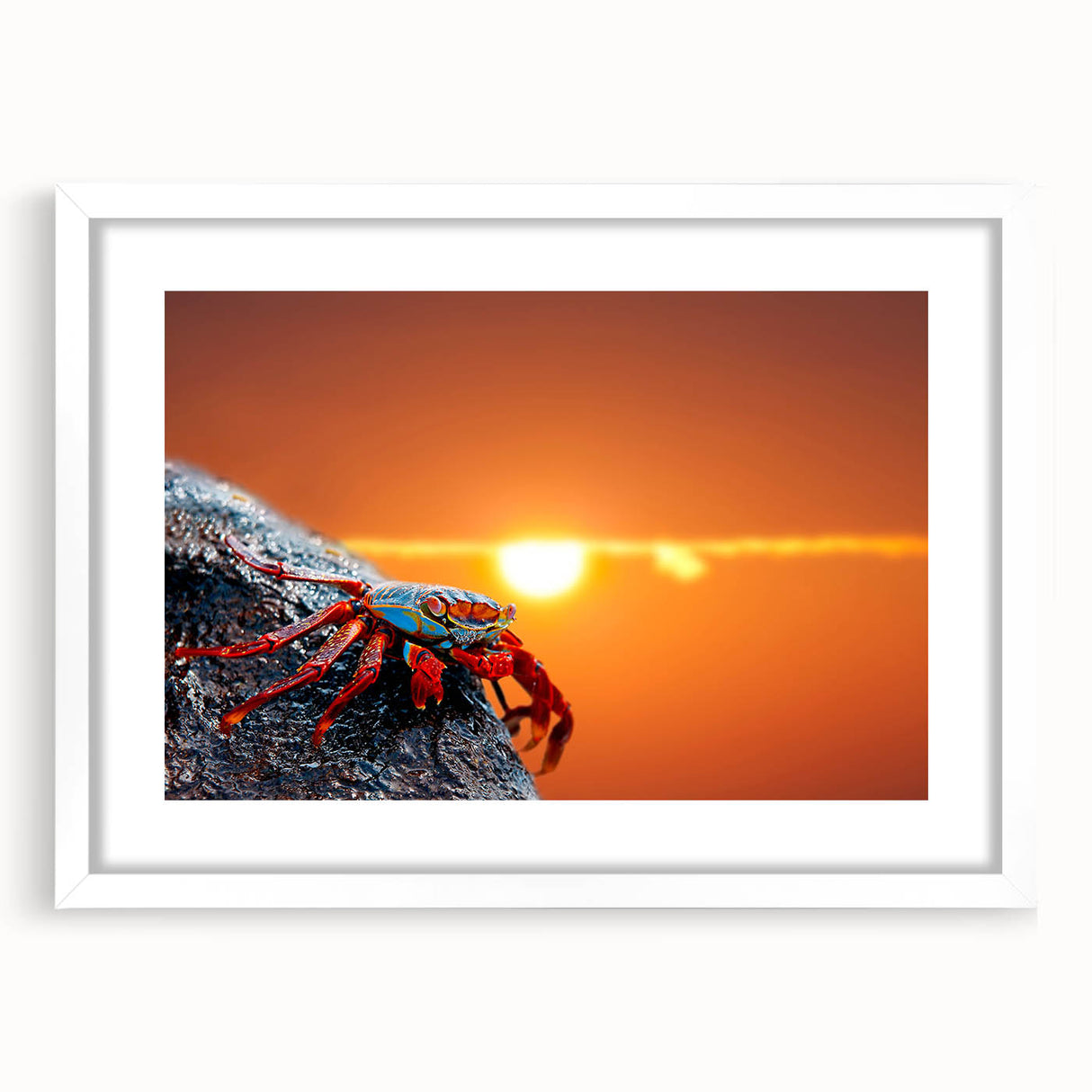 Abstract art print of Galapagos scenery in muted earth tones on a white framed canvas.