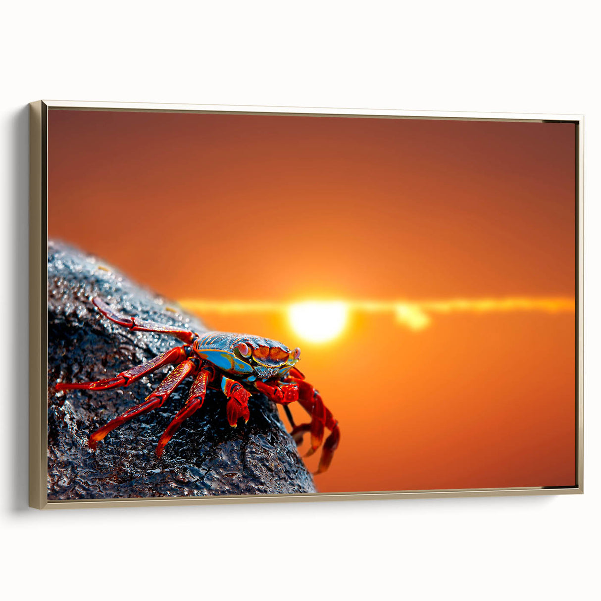 Framed canvas depicting a vintage-style landscape of the Galapagos Islands in black and gold, ideal for bedroom wall art.