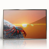 Mid-century modernist art depicting the Galapagos scenery in muted earth tones on a silver-framed acrylic print.