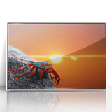 Art deco poster of Galapagos scenery in muted greens and blues on framed acrylic, ideal for modern nursery wall art.