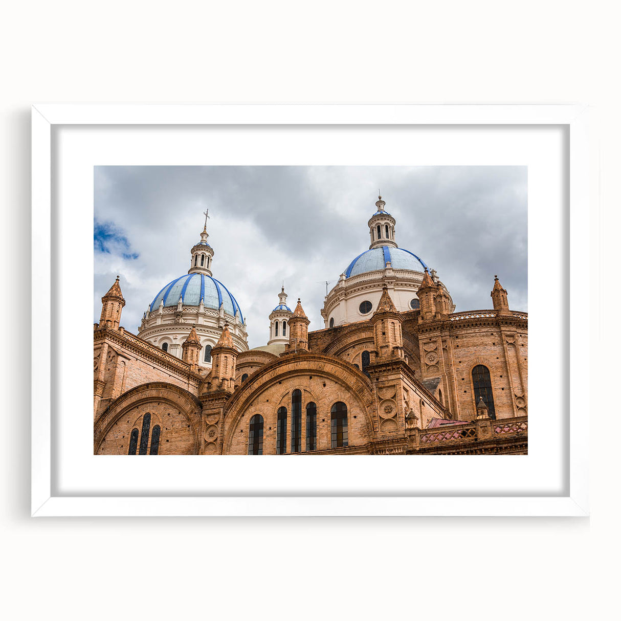 Abstract art print of an Ecuadorian landscape in muted earth tones on a framed white mat, ideal for dining room decor.