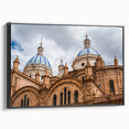Black and white framed canvas featuring a vintage-style landscape of Ecuador, ideal for bedroom wall art.