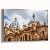 Framed canvas depicting a vintage-style landscape of Ecuador with colorful art elements and black borders.