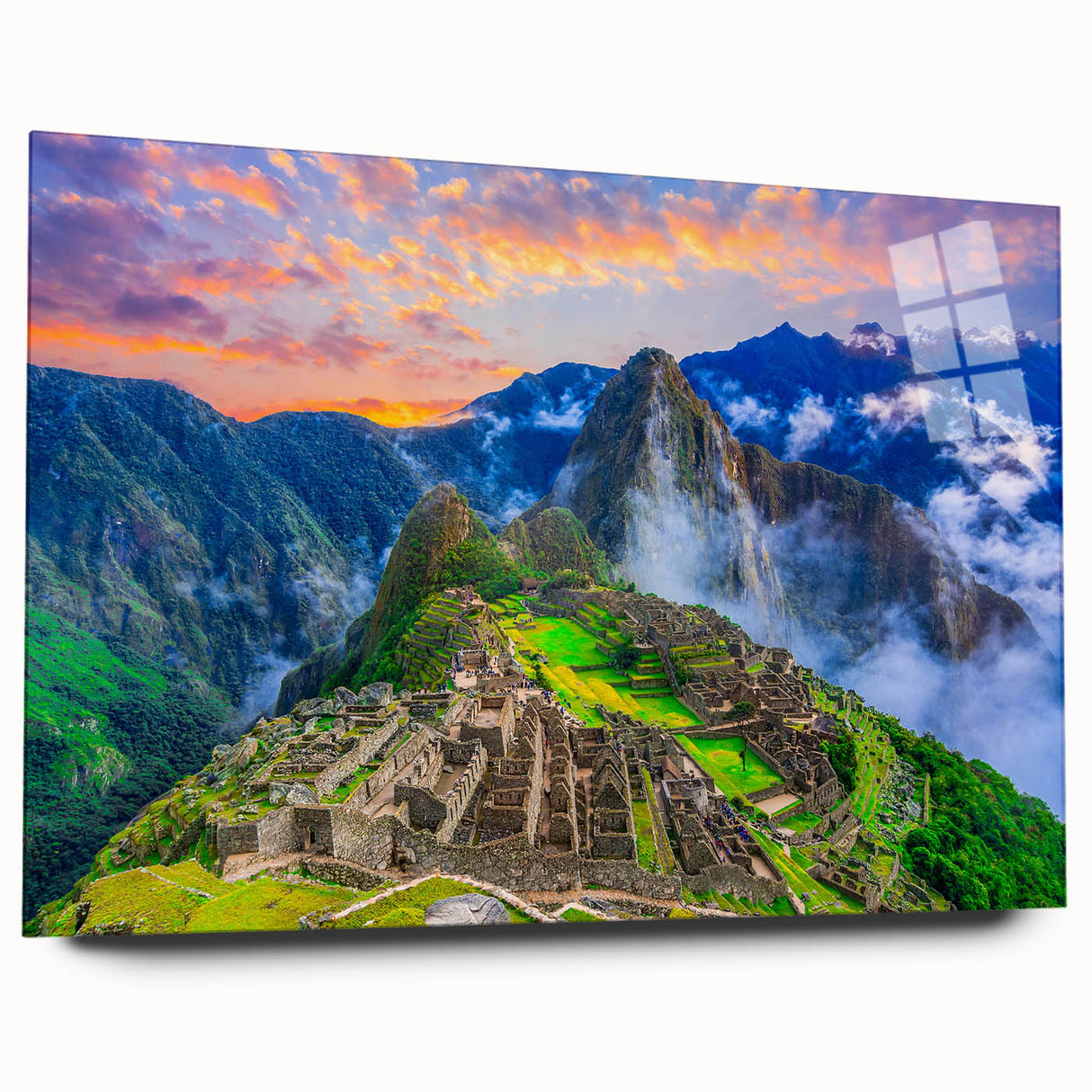 Acrylic print of Machu Picchu in muted earth tones, ideal for bedroom or dining room art.