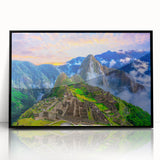 Framed acrylic print of Machu Picchu in grayscale, ideal for modern art wall decor.