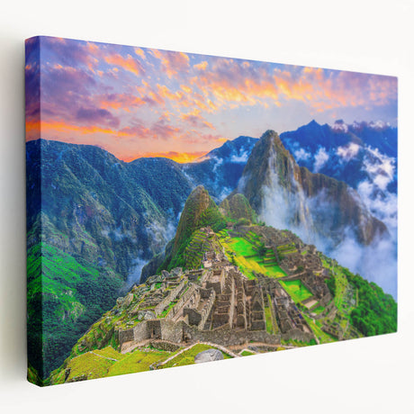 Stretched canvas of Machu Picchu in natural hues, ideal for kitchen wall art.