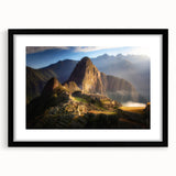 Extra large abstract art print of a colorful Peruvian landscape on textured canvas, framed in black.