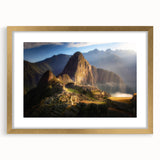 Extra large abstract art print of a Peruvian landscape in textured gold frame, ideal for living room decor.
