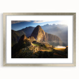 Textured abstract art print of a Peruvian landscape in muted earth tones on a framed canvas, suitable for bedroom decor.