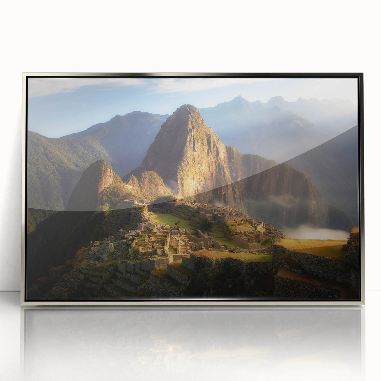 Mid-century modernist art depicting a serene Peruvian landscape in muted earth tones, framed in silver acrylic.