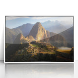 Art deco poster of a scenic view in Peru with muted earth tones, framed acrylic, ideal for modern art wall decor.