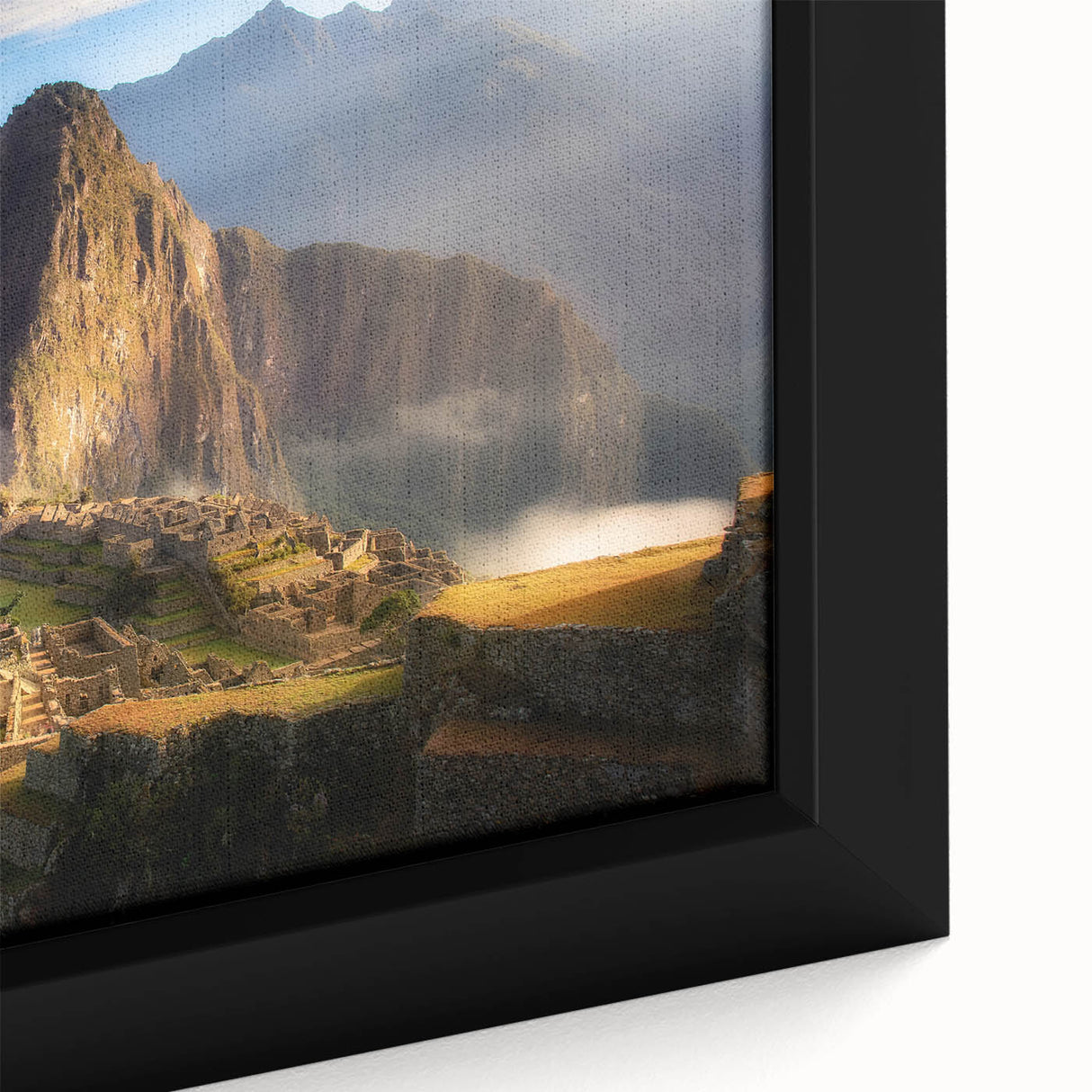 Extra large framed canvas featuring a textured, colorful depiction of a Peruvian landscape, ideal for living room decor.