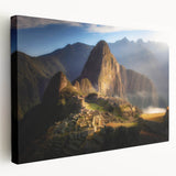 Large stretched canvas featuring a scenic Peruvian landscape with earthy tones, ideal for kitchen wall art.