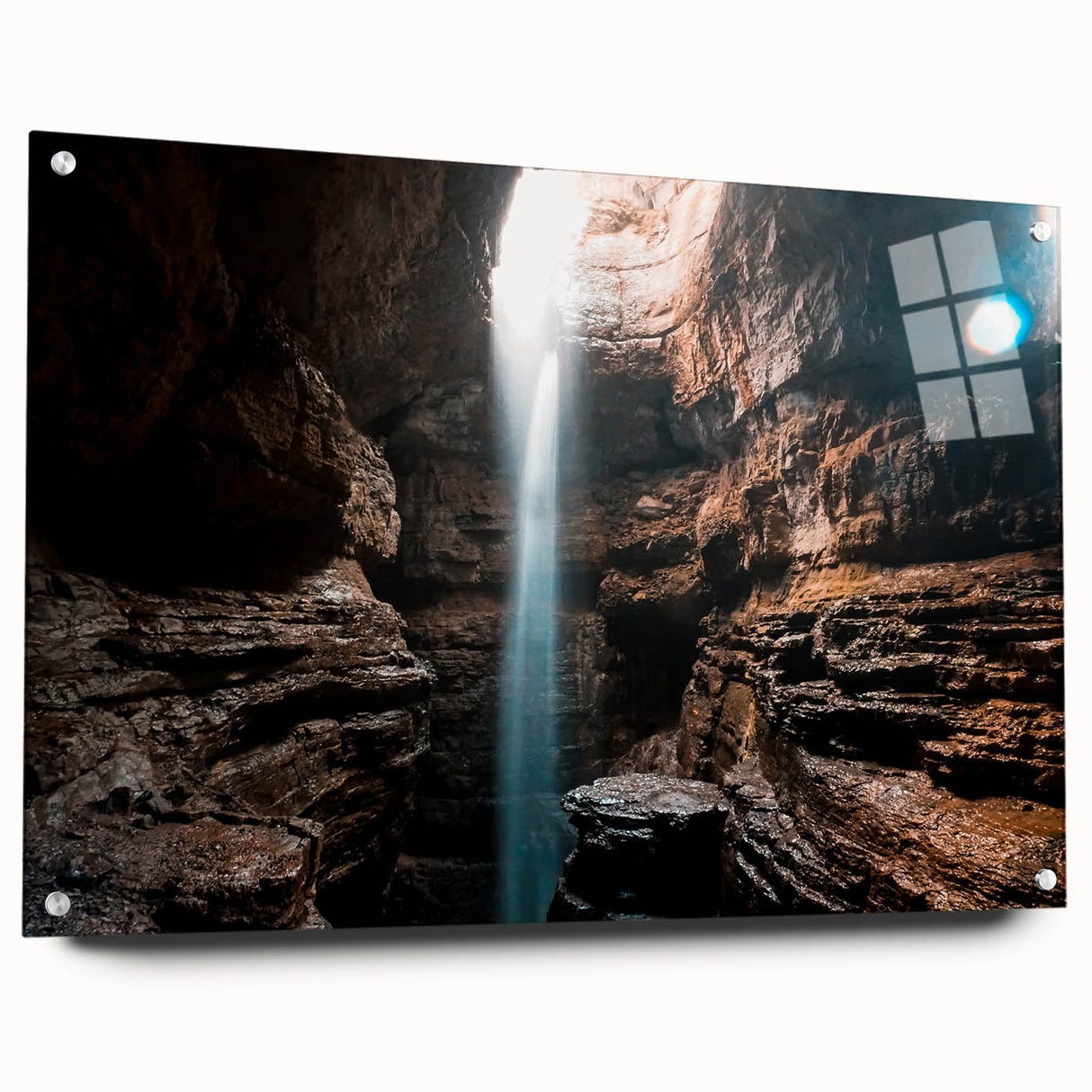 Large abstract wall art depicting Alabama scenery in muted earth tones on acrylic glass, ideal for dining room decor.