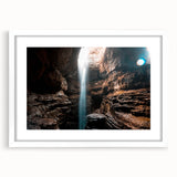 Abstract art print of Alabama scenery in muted earth tones on a white matted frame, suitable for dining room decor.