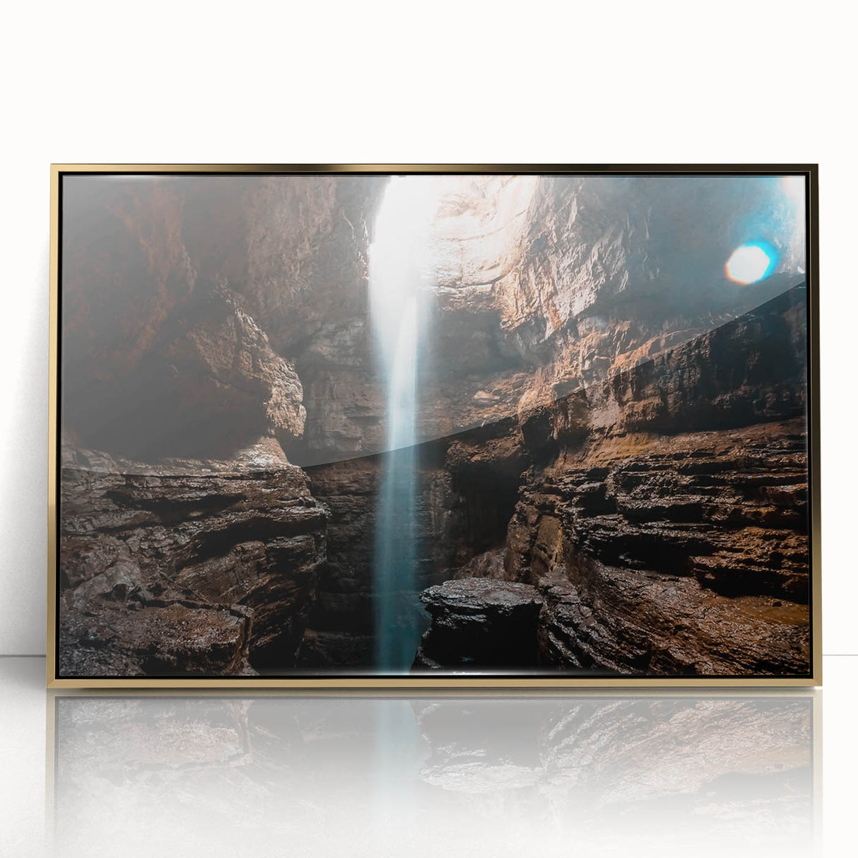 Large art print of an Alabama landscape in gold and green hues on a framed acrylic, in mid-century modernist style.