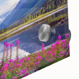 Acrylic glass print of a large abstract depiction of an Alaskan landscape in cool blue and gray tones.