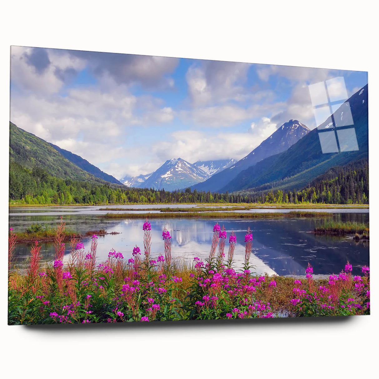 Large abstract depiction of Alaska scenery on acrylic glass, with muted earth tones, ideal for bedroom or dining room art.
